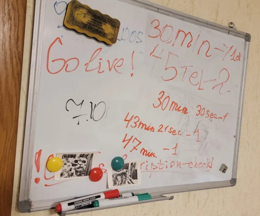 Ein Whiteboard mit den Hula-Hoop-Zeitrekorden eines Kindes und Schwarz-Weiß-Fotos einer Katze, die mit Magneten befestigt sind.