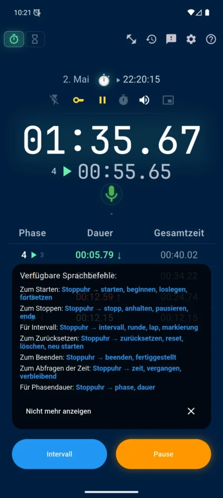 Stoppuhr und Timer mit Sprachsteuerung in VCStopwatch: Bildschirm mit Sprachbefehlen, Mikrofonsteuerung und Schnelleinstellungen