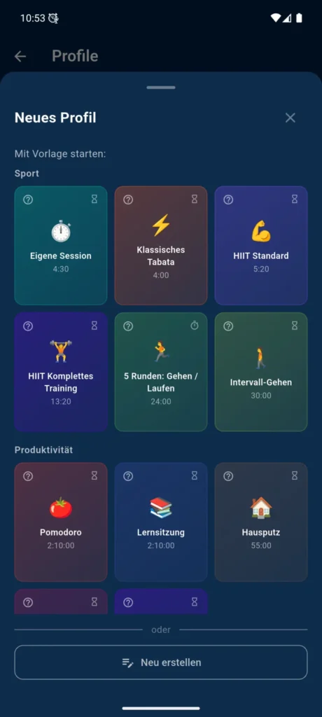 Profilvorlagen in VCStopwatch für Training, Pomodoro, Lernen, Kochen und andere Routinen