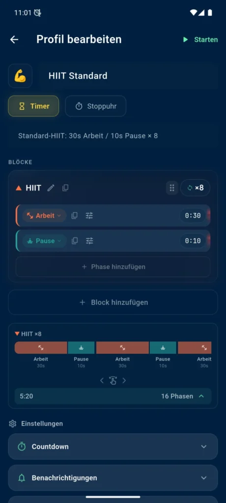 Editor für das HIIT-Standard-Profil in VCStopwatch mit Blöcken, Phasen und Zeitleiste