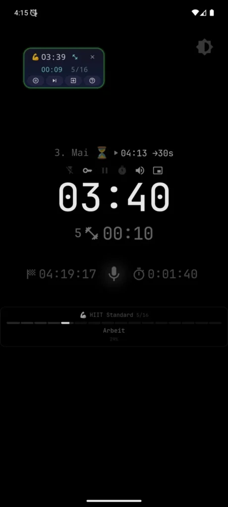Schwebendes Zifferblatt von VCStopwatch auf einem abgedunkelten Bildschirm