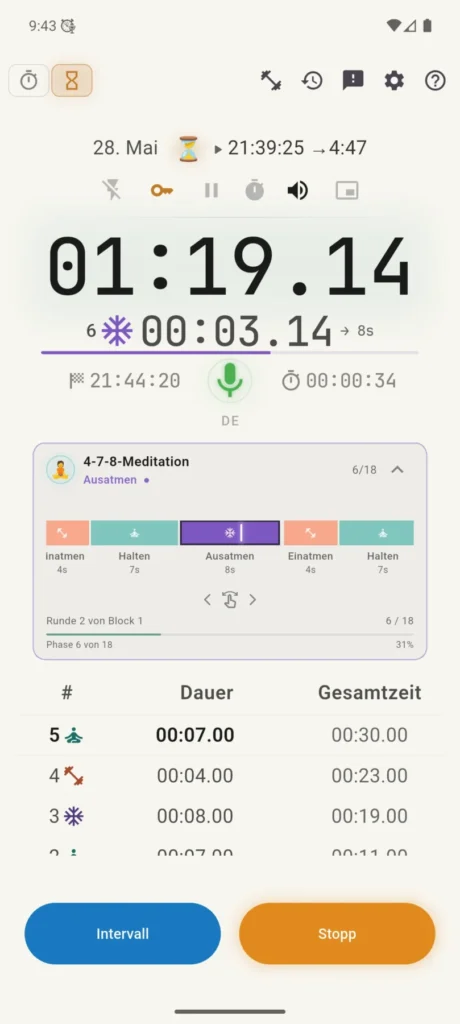 Laufendes VCStopwatch-Profil im hellen Design
