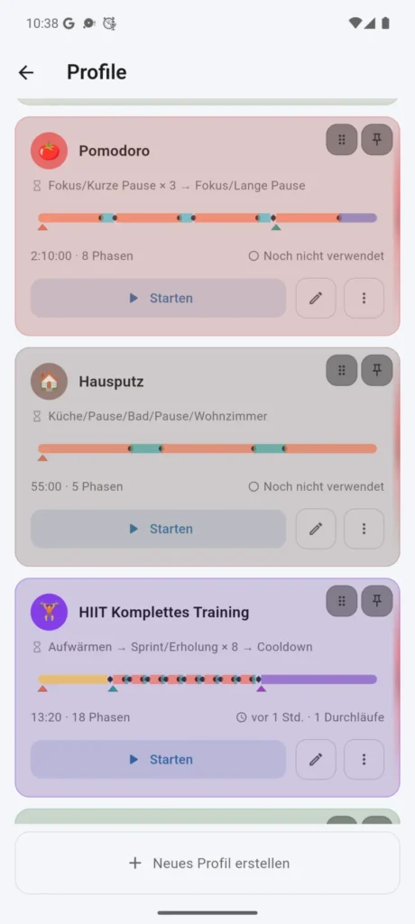 Liste erstellter Profile in VCStopwatch im hellen Design