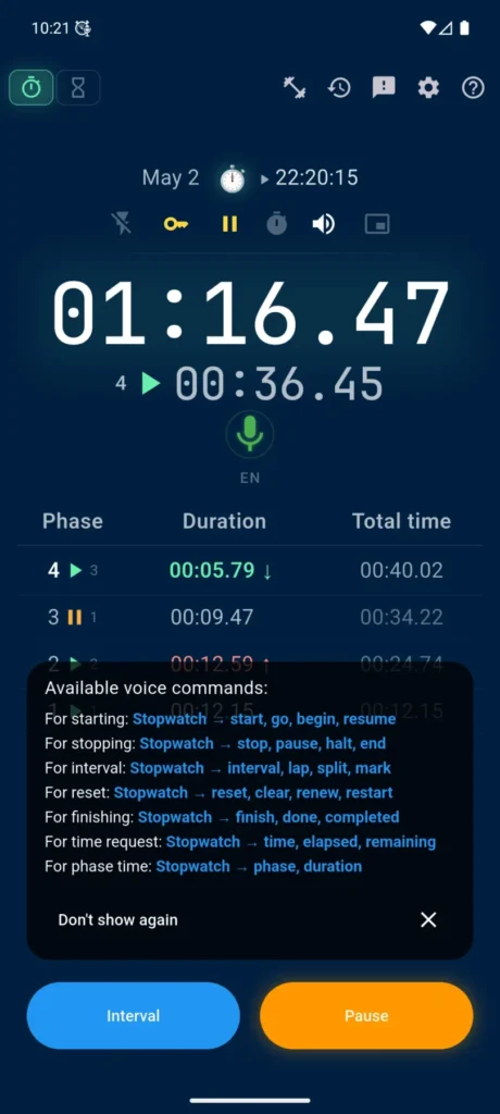 Voice-controlled stopwatch and timer screen in VCStopwatch with voice commands, microphone control, and quick settings panel