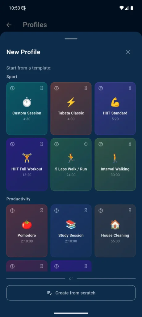 VCStopwatch profile templates for workouts, Pomodoro, study, cooking, and other routines