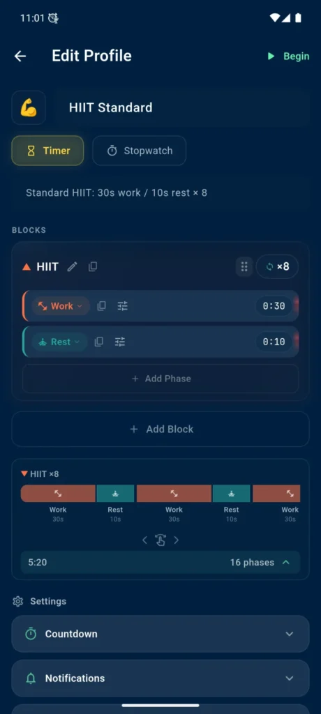 HIIT Standard profile editor in VCStopwatch with blocks, phases, and timeline