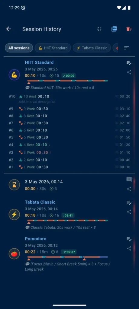 VCStopwatch session history with stopwatch, timer, profile sessions, phases, and colored timelines
