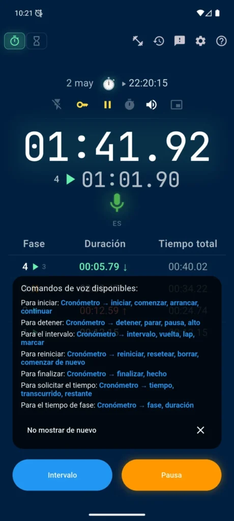 Cronómetro y temporizador con control por voz VCStopwatch: pantalla con comandos de voz, micrófono y panel de ajustes rápidos