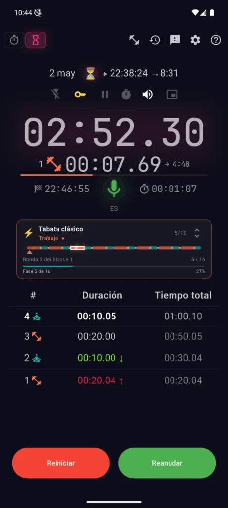 Perfil Tabata en marcha en VCStopwatch con fases, vueltas y línea de tiempo de colores