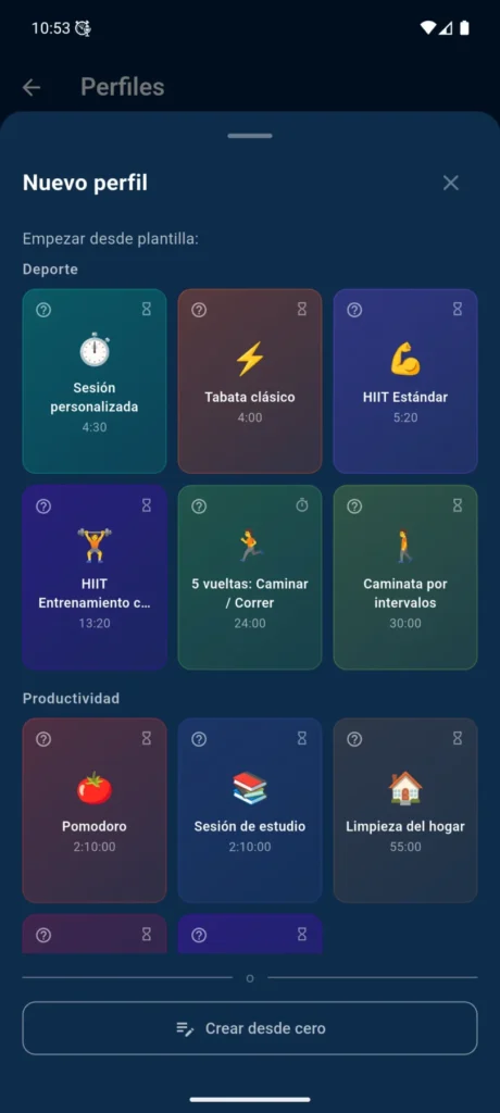 Plantillas de perfiles de VCStopwatch para entrenamientos, Pomodoro, estudio, cocina y otras rutinas