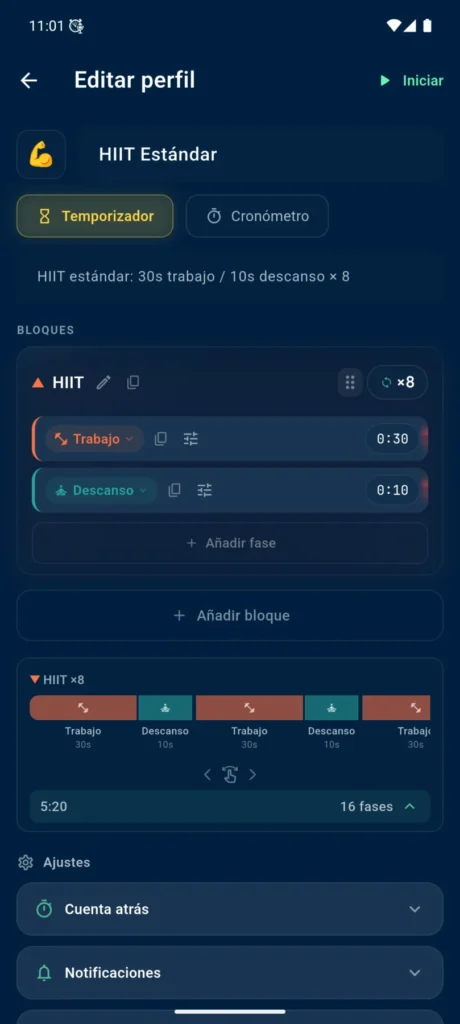 Editor del perfil HIIT Standard en VCStopwatch con bloques, fases y línea de tiempo
