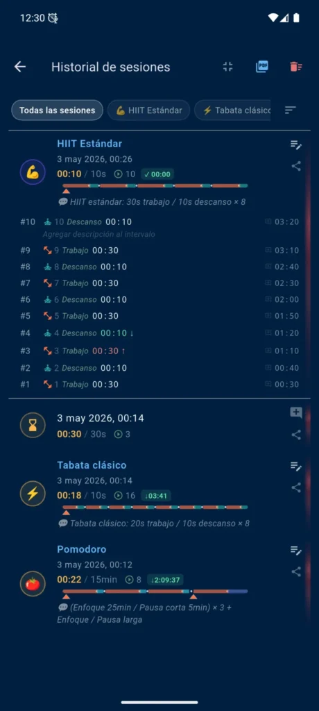 Historial de sesiones de VCStopwatch con cronómetro, temporizador, perfiles, fases y líneas de tiempo de colores