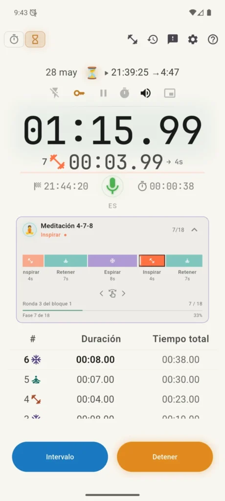 Perfil de VCStopwatch en marcha con tema claro