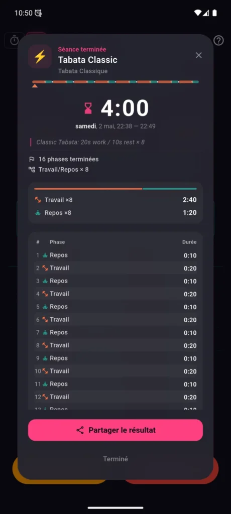 Carte de session Tabata terminée dans VCStopwatch avec résultats et bouton de partage