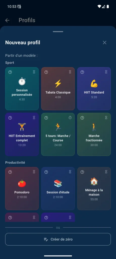 Modèles de profils VCStopwatch pour entraînement, Pomodoro, étude, cuisine et autres routines