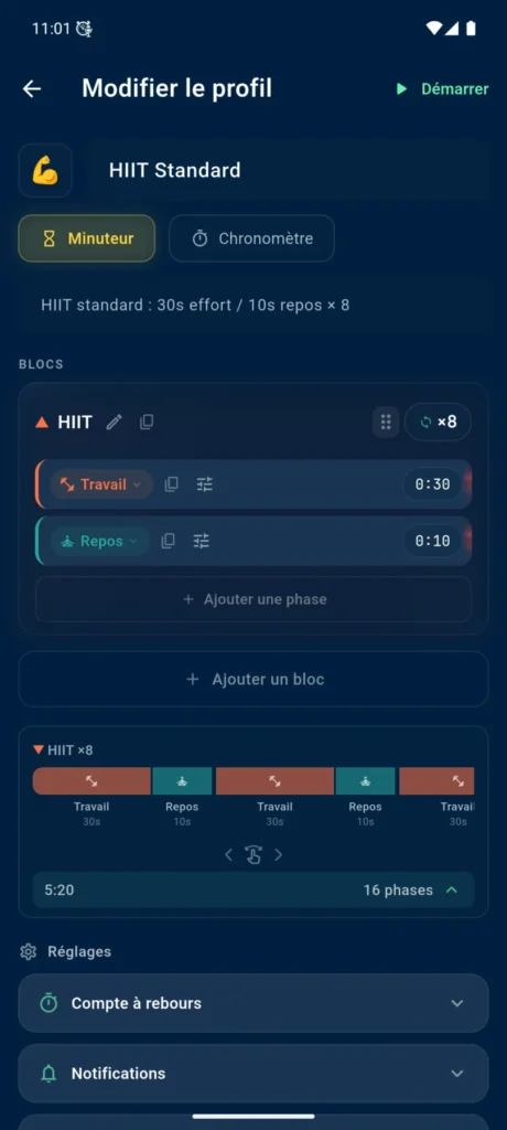 Éditeur du profil HIIT Standard dans VCStopwatch avec blocs, phases et ligne de temps