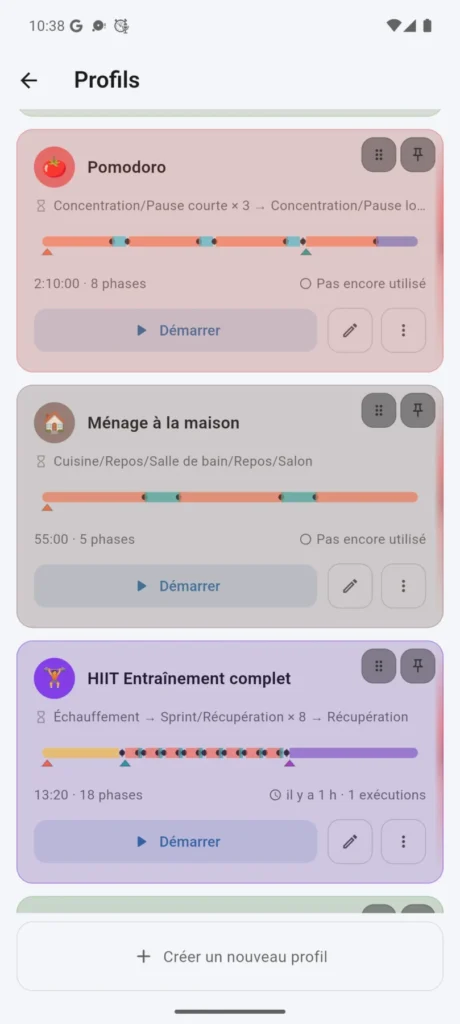 Liste des profils créés dans VCStopwatch avec un thème clair