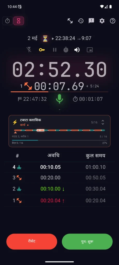 VCStopwatch में चल रही Tabata प्रोफ़ाइल, फेज़, लैप और रंगीन टाइमलाइन के साथ
