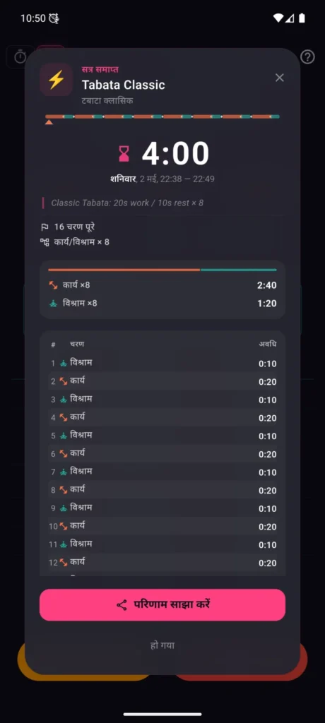 VCStopwatch में पूरी हुई Tabata सेशन का कार्ड, परिणामों और शेयर बटन के साथ