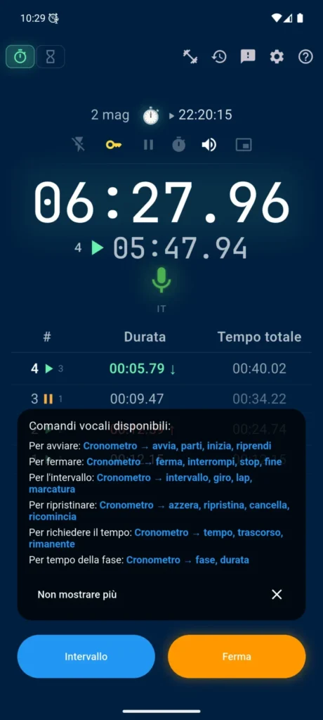 Cronometro e timer con controllo vocale in VCStopwatch: schermata con comandi vocali, controllo del microfono e pannello delle impostazioni rapide