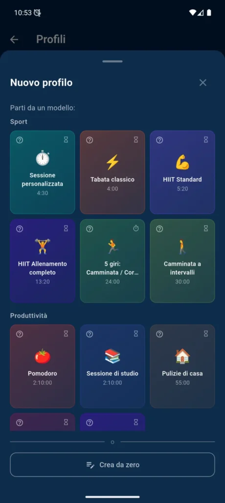 Modelli di profilo VCStopwatch per allenamenti, Pomodoro, studio, cucina e altre routine