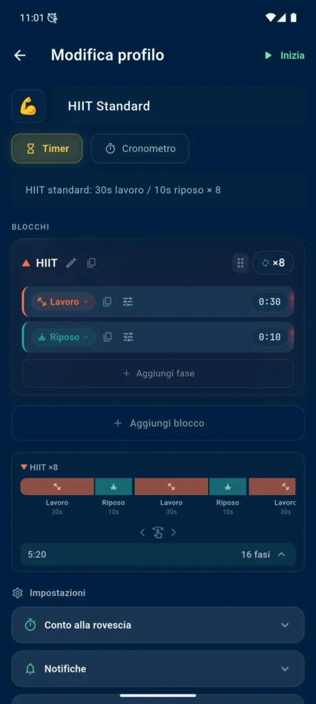Editor del profilo HIIT Standard in VCStopwatch con blocchi, fasi e timeline