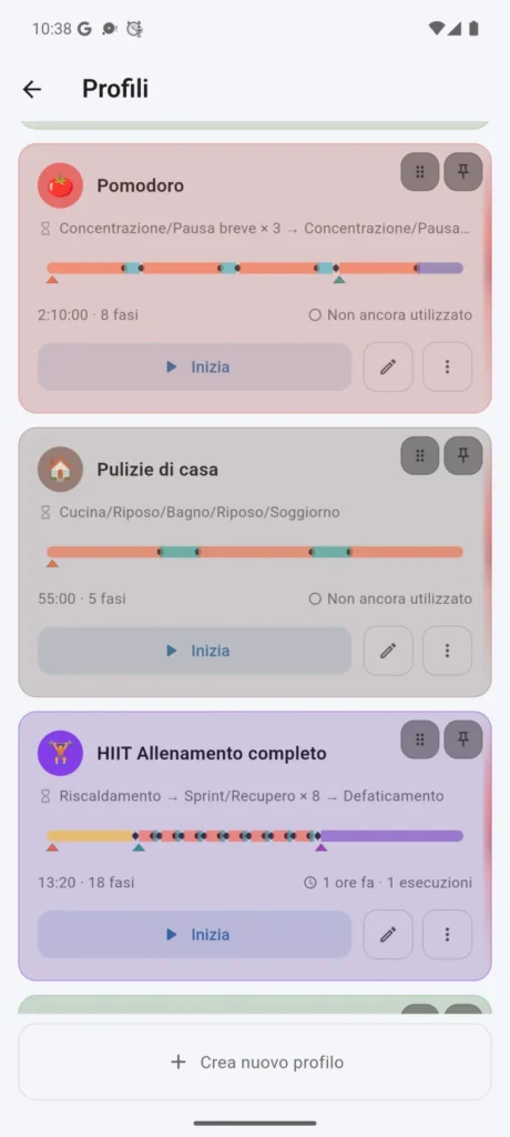 Elenco dei profili creati in VCStopwatch con tema chiaro