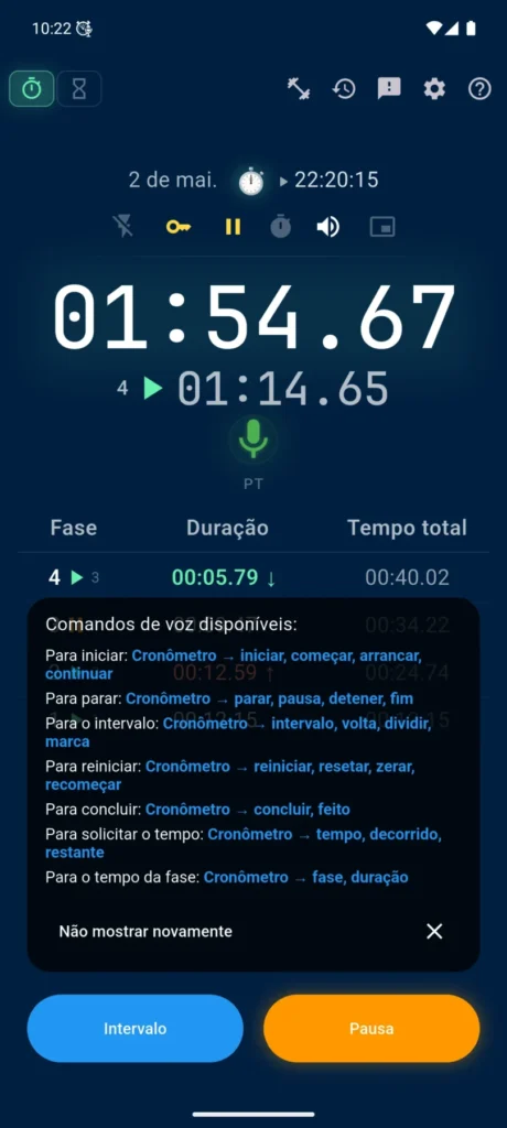 Cronômetro e timer com controle por voz no VCStopwatch: tela com comandos de voz, controle do microfone e painel de configurações rápidas