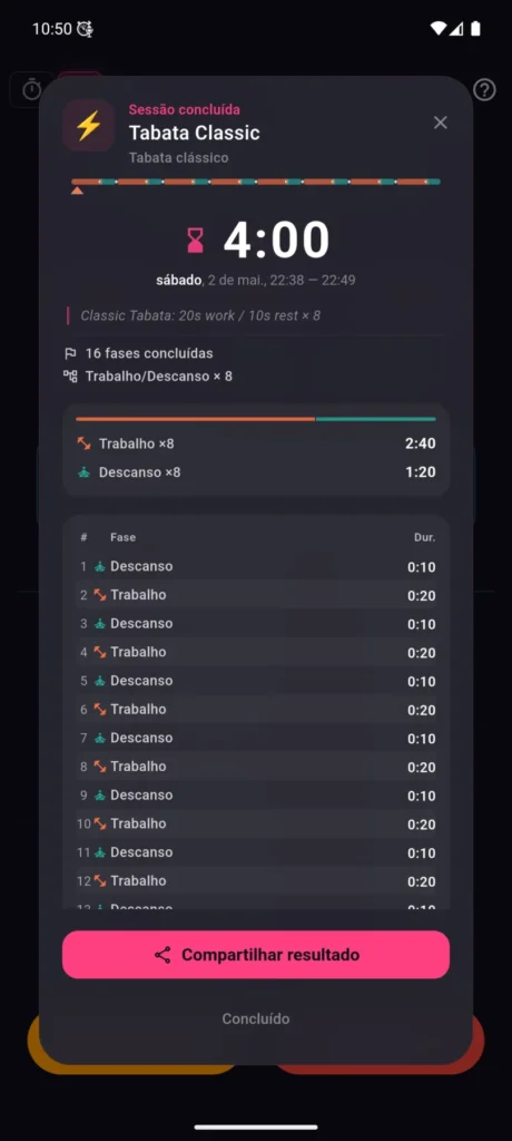 Cartão de sessão Tabata concluída no VCStopwatch com resultados e botão de compartilhamento