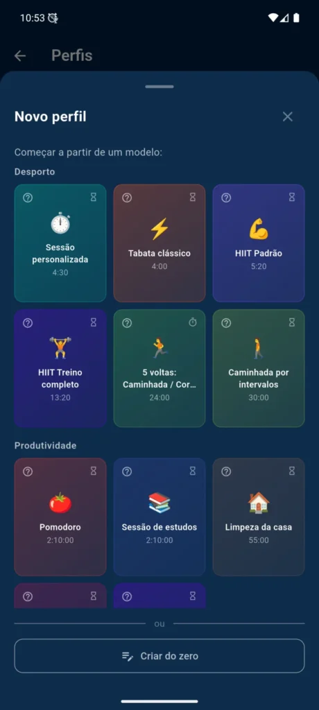 Modelos de perfil do VCStopwatch para treinos, Pomodoro, estudo, cozinha e outras rotinas