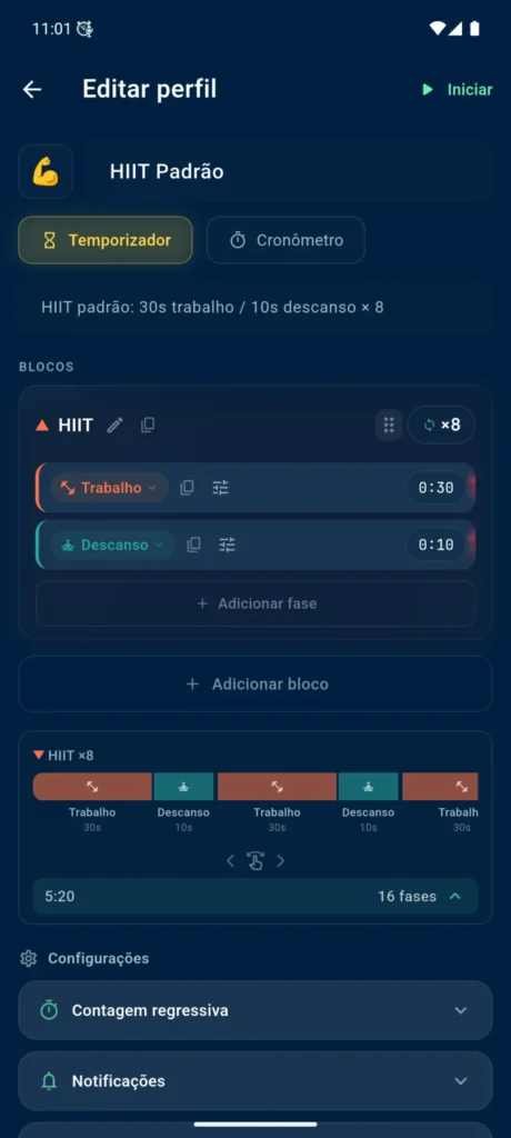 Editor do perfil HIIT Standard no VCStopwatch com blocos, fases e linha do tempo