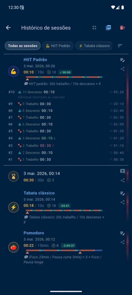 Histórico de sessões do VCStopwatch com cronômetro, timer, sessões com perfil, fases e linhas do tempo coloridas