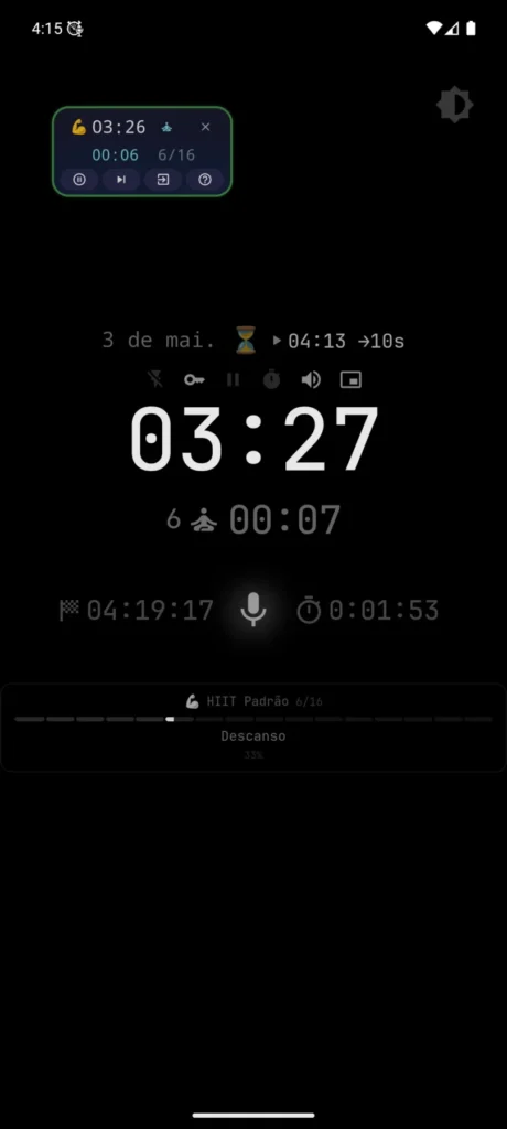 Mostrador flutuante do VCStopwatch em uma tela escurecida
