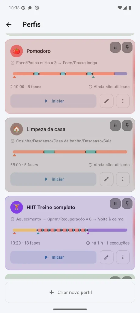 Lista de perfis criados no VCStopwatch com tema claro