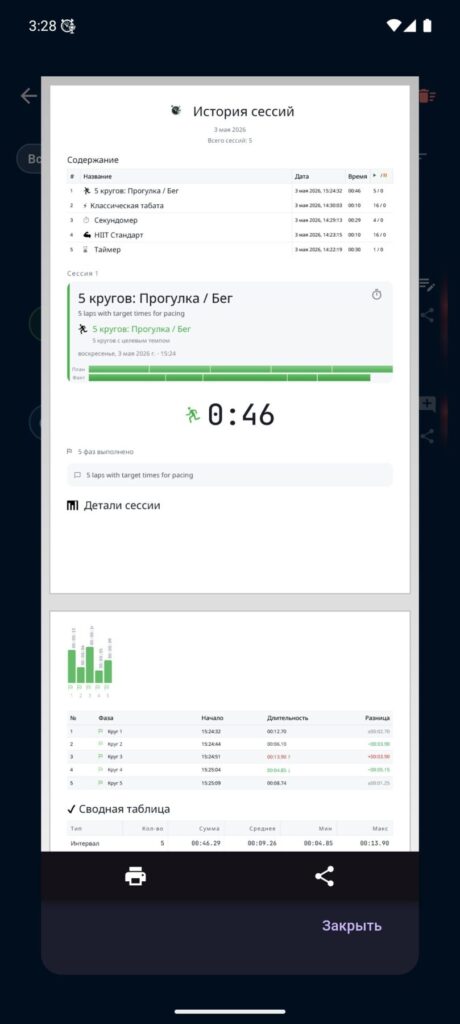 PDF-отчёт VCStopwatch с историей сессий, таймлайнами, диаграммой и таблицами