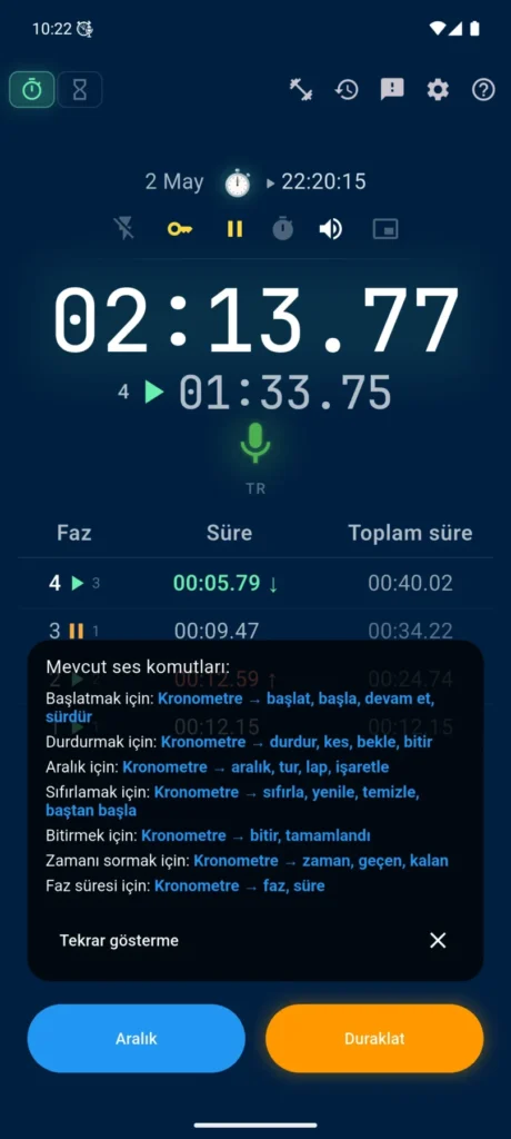 VCStopwatch’ta ses kontrollü kronometre ve zamanlayıcı: sesli komutlar, mikrofon kontrolü ve hızlı ayarlar paneli bulunan ekran