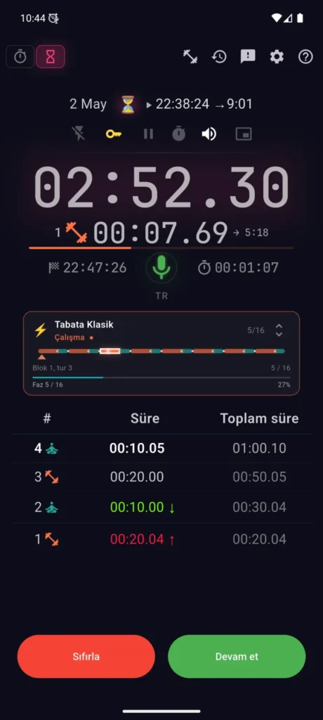 VCStopwatch’ta çalışan Tabata profili: aşamalar, turlar ve renkli zaman çizelgesi