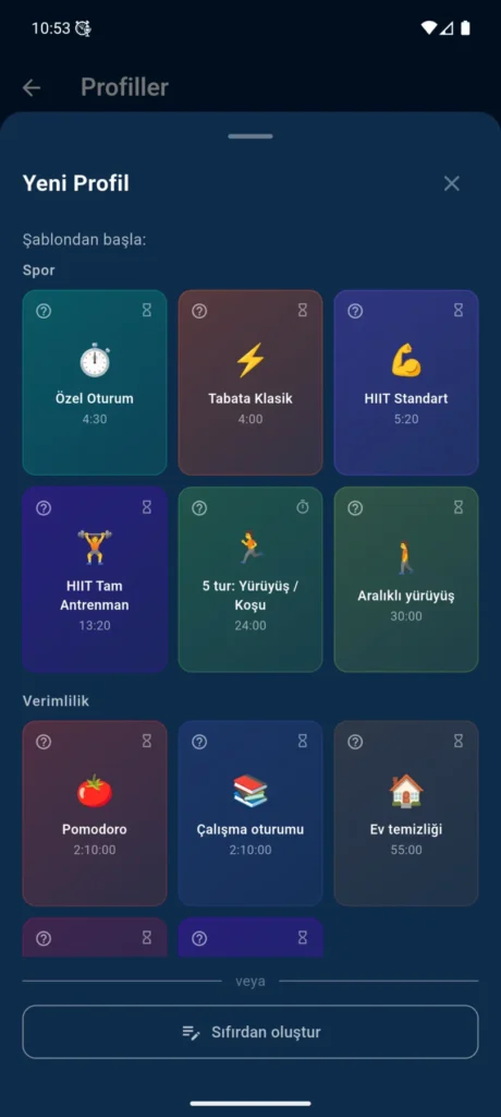 Antrenman, Pomodoro, çalışma, yemek pişirme ve diğer rutinler için VCStopwatch profil şablonları