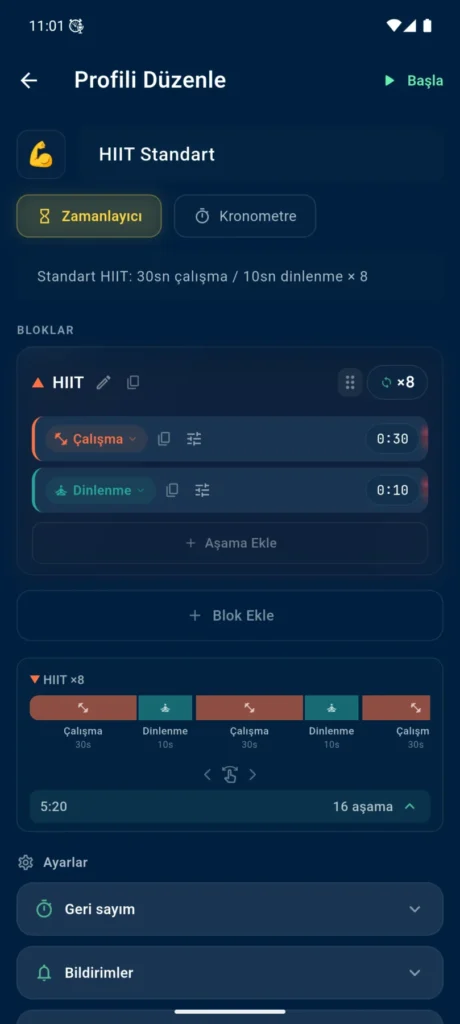 VCStopwatch’ta HIIT Standard profil düzenleyicisi, bloklar, aşamalar ve zaman çizelgesiyle birlikte