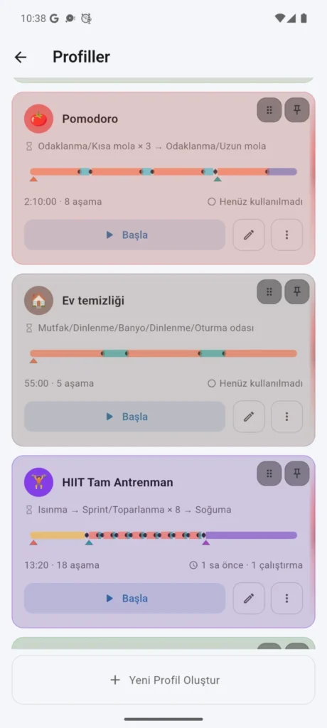 Açık temada oluşturulmuş VCStopwatch profilleri listesi