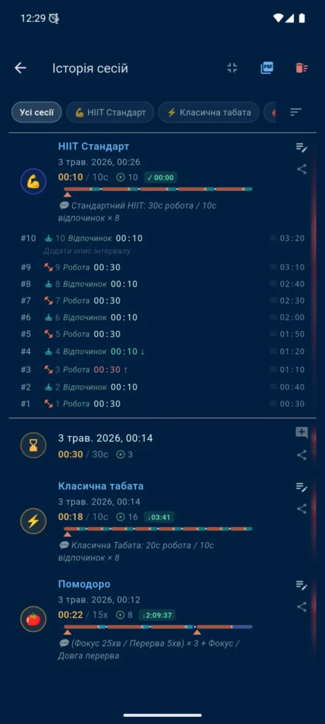 Історія сесій VCStopwatch із секундоміром, таймером, профільними сесіями, фазами та кольоровими таймлайнами